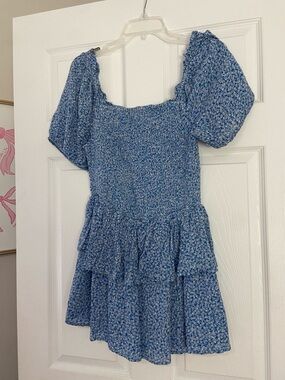 Japna Blue Floral Puff-Sleeve Smocked Dress